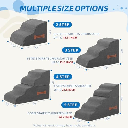 5-Step Spliceable Pet Stairs: Indoor& Outdoor Multi-Use with a Removable Cover and a Pocket, Best for Small Pets and Older Dogs Who Has Spine and Arthritis Issues to Get on High Beds, Grey(22.8" H