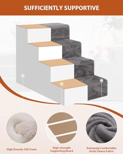 Dog Stairs for Small Dogs,17.5" 4-Step Pet Stairs for High Beds and Couches,Dog Steps with Non-Slip Bottom and High-Density Foam Indoor Outdoor,Grey
