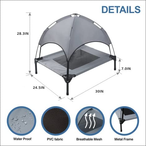 Hooyeatlin Small Elevated Dog Bed with Canopy - Upgraded 30IN Outdoor Raised Dog Cot Bed with Removable Shade Tent, Pet Cot Gray(S Size)