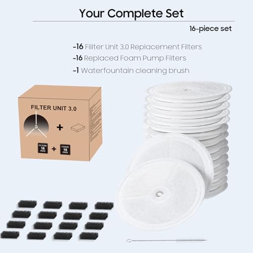 16 PCS Upgraded Filter Unit 3.0 Pet Cat Water Fountain Filters Fit For E versweet Solo 2/Solo SE, E versweet 3 Pro/2S/3, Including Replacement Filters and Replaced Foam Pump Filter (16 pcs)