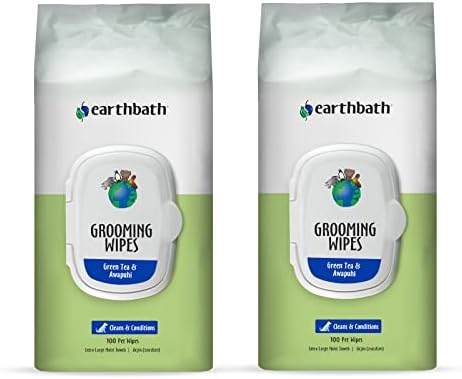 earthbath, Green Tea & Awapuhi Grooming Wipes - Dog Wipes for Paws and Butt, Best Pet Wipes for Dogs & Cats, Made in USA, Cruelty-Free Dog Cleaning Wipes, Removes Dirt & Dander - 100 Count (2 Pack)
