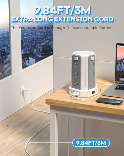 Power Strip Surge Protector, 10 Ft Extension Cord with 12 AC Multiple Outlets 4 USB (1 USB C), SMALLRT Power Tower Desktop Charging Station, Home Dorm Room Office Essentials, Desk Accessories White