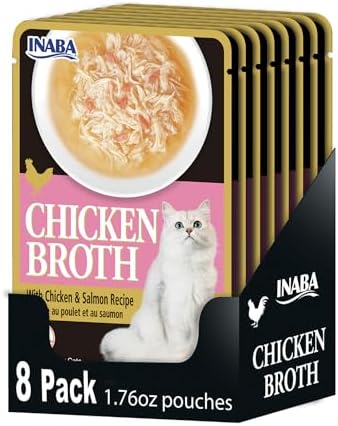 Inaba Chicken Broth, Shredded Chicken & Broth Side Dish/Topper for Cats with Vitamin E, 1.76 Ounce Pouch, 8 Pouches Total, Chicken and Salmon Recipe