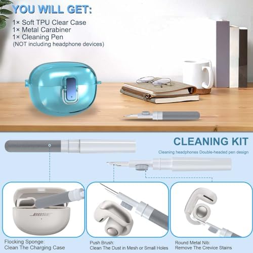 Clear Case for Bose Ultra Open with Safety Lock (2024), Shockproof Protective Cover for Bose Ultra Open Earbuds Clear TPU Bose Open Ear Case Accessories with Cleaning Kit & Carabiner (Clear Blue)