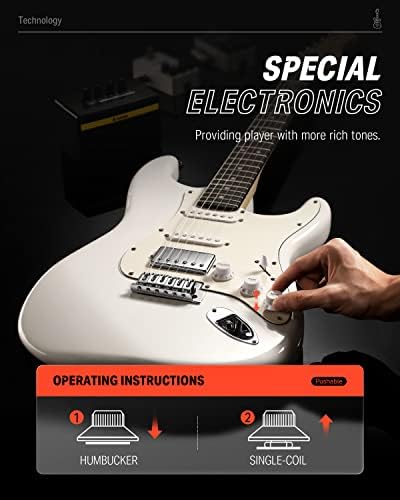 Donner Electric Guitar, DST-152 39" Electric Guitar Starter Kit HSS Pickup Coil Split, with Amp, Bag, Accessories, Polar White