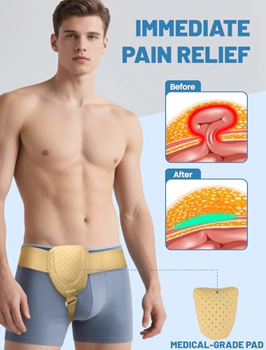 Hernia Belts for Men Inguinal, Hernia Belt for Women, Inguinal Hernia Support for Left or Right Side, Comfortable Adjustable Waist Strap with Removable Compression Pads, Beige