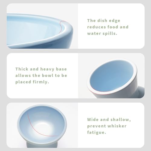 2 Extra Wide Elevated Cat Food Bowl, Ceramic Cat Bowls for Food and Water, Wide Shallow Cat Food Dish, Whisker Fatigue, Lead & Cadmium Free, Great Height for Cat, Blue