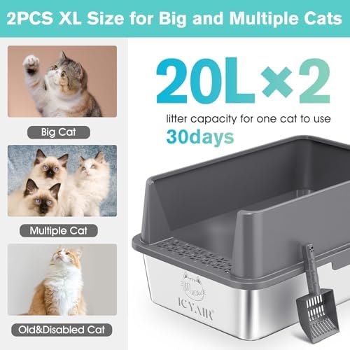 2PACK Stainless Steel Cat Litter Box with High Sides Lid, Extra Large XL Litter Box for Big Cats,Open Top Metal Kitty Litter Boxes with Anti-Leakage Enclosure,Non-Stick,Odorless,Scoop Included