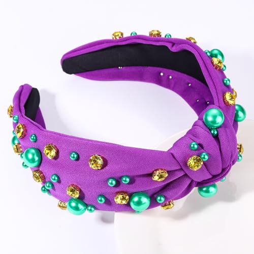 Mardi Gras Hairband for Women Purple Pearl Rhinestone Knotted Headband Carnival Parade Party Hair Accessories