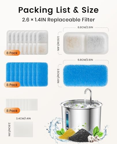 oneisall Cat Water Fountain Filters Replacement, 8 Pack Cat Fountain Filters for 67oz/2L Stainless Steel Cat Fountain Filters, Filters for Cat Water Fountain Easy to Install and Clean