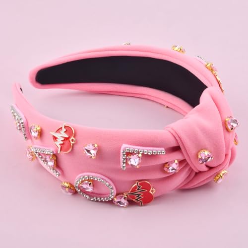 Valentine's Day Headbands for Women Love Letter Rhinestone Pink Headband Pink Jeweled Gem Crystal Knotted Headbands Valentines Hair Accessories Gifts(Letter Love Pink)