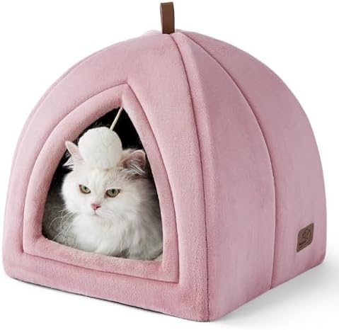Bedsure Cat Beds for Indoor - 2 in 1 Cat Cave House Tent for Kittens and Small Pets with Removable Washable Cushioned Pillow, Foldable Kitten Hideaway with Non-Slip Bottom, Pink, 16 inches