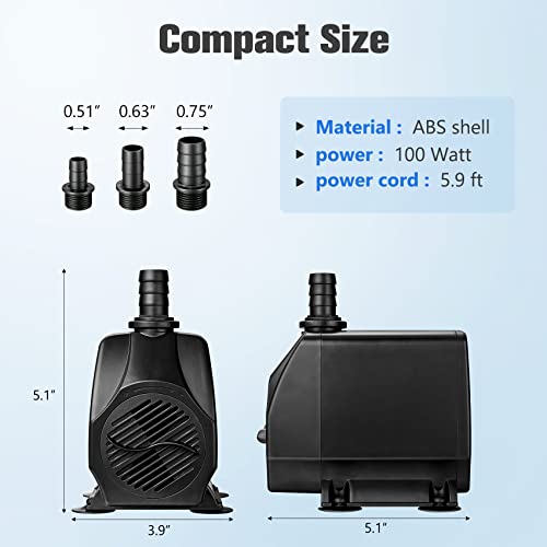 KEDSUM 880GPH Submersible Water Pump(3500L/H, 100W), Ultra Quiet Water Pump with 11.3ft High Lift, Fountain Pump with 5.9 ft Power Cord, 3 Nozzles for Fish Tank, Pond, Aquarium, Hydroponics