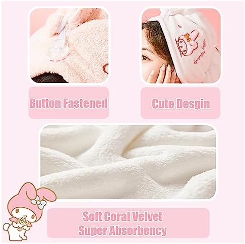 Kawaii Microfiber Hair Towel for Women, Super Absorbent Hair Shower Cap for Long Hair, Quick Dry Towel Wrap with Botton of Cute Hairbands for Women Girls Bath Accessories(Pink-1)