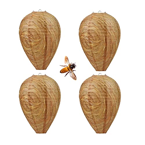 GWHOLE 4 Pack Wasp Nest Decoy Hanging Fake Wasp Hornets Yellow Jackets Nest for Garden Outdoor…