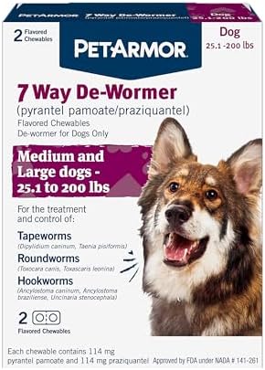 PetArmor 7 Way De-Wormer for Dogs, Oral Treatment for Tapeworm, Roundworm & Hookworm in Large Dogs & Puppies (Over 25 lbs), Worm Remover (Praziquantel & Pyrantel Pamoate), 2 Flavored Chewables
