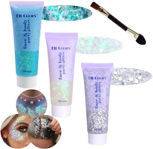 Body Glitter Face Glitter Gel: Singer Concerts Disco Festival Rave Accessories Face Glitter Makeup 150ml Chunky Sequins Mermaid Face Body Hair Glitter Gel (White&Silver&Lake Blue)