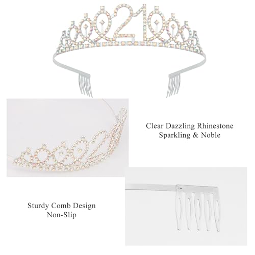 21st Birthday Crowns and Sashes for Women, Princess Tiara Birthday Sash Set Elegant Sliver Crown with Combs for Girls Crystal Tiaras Birthday Headpieces for Party Hair Accessories Gifts