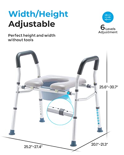 HEAO 3-in-1 Raised Toilet Seat, Adjustable Width/Height, Padded Seat with Splash Guard, Toilet Safety Frame, Shower Chair for Seniors, Handicap,Pregnant, 300 lbs