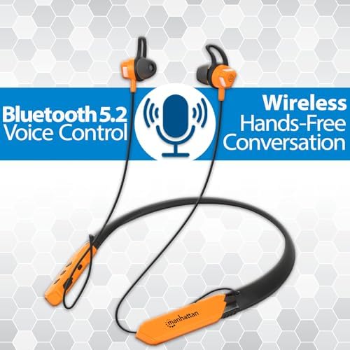MANHATTAN Bluetooth Wireless Neckband Headphones — Work Earbud Earphones with 15H Playtime, Noise-Isolating, IPX4 Water Resistant, Built-in Mic – for Work, Music, Calls – 3 Yr Mfg Warranty -179829