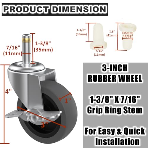3-Inch Swivel Stem Caster for Rubbermaid Mop Bucket Utility Cart, 7/16-Inch Stem Diameter Rubber Wheel Set of 4 with Side Brake, Heavy Duty TPR Weber Grills Shop Vac Replacement Wheels