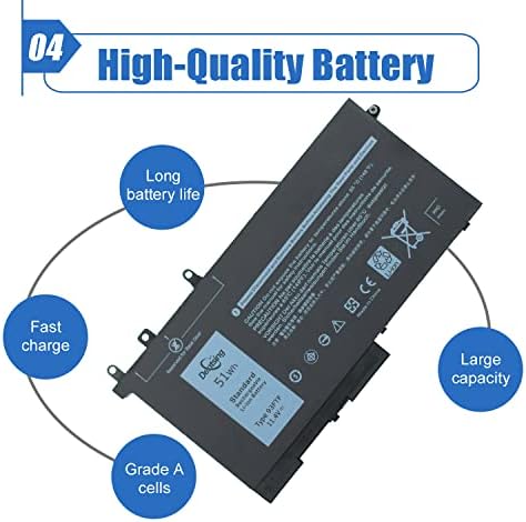 Dentsing 11.4V 51Wh 93FTF Laptop Battery Replacement For Dell Precision 15 3520 Latitude E5480 E5580 E5590 5280 Series Notebook D4CMT