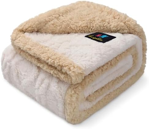 Waterproof Pet Blanket, Liquid Pee Proof Dog Blankets for Sofa Bed Couch, Reversible Sherpa Fleece Furniture Protector Cover for Small Medium Large Dogs Cats,Beige-Thicken Large(65" x 57")