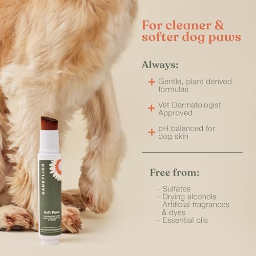Dandylion Soft Paws | Paw Lotion with Brush | Dog Paw Balm Hydrating Alternative | Vet-Approved, Lick-Safe & Fragrance-Free | pH-Balanced for Itchy, Dry, Cracked Paws, Small & Large Dogs 0.6 fl oz