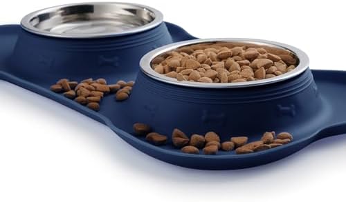 Hubulk Pet Dog Bowls 2 Stainless Steel Dog Bowl with No Spill Non-Skid Silicone Mat + Pet Food Scoop Water and Food Feeder Bowls for Feeding Small Medium Large Dogs Cats Puppies (Small, Navy Blue)
