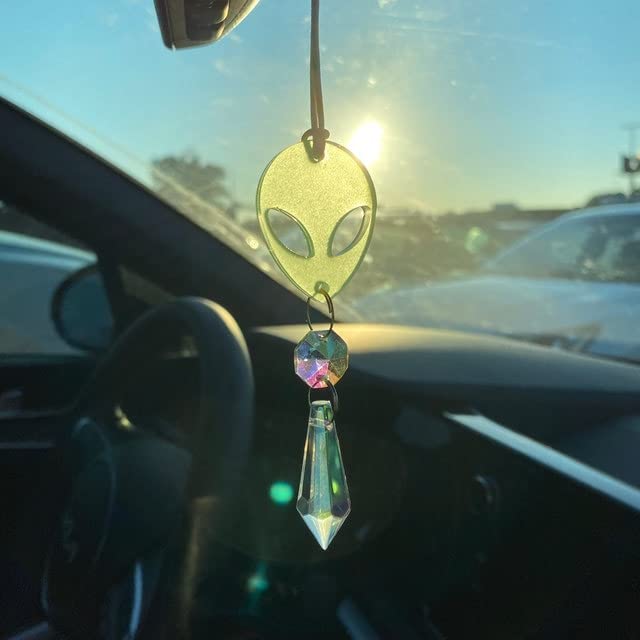 Glow In The Dark Alien Car Charm, Crystal Suncatcher, Auto Rear View Mirror Accessories, New Car Gift, Women Festival Rave Decor, Stoner (Crystal Color - Clear, Alien Style - Glitter)