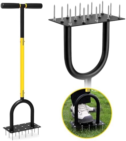 Lawn Aerator Spike Metal Manual Dethatching Soil Aerating Lawn with 15 Iron Spikes, Pre-Assembled Grass Aerator Tools for Yard, Lawn Aeration, Garden Tool, Revives Lawn Health(Black + Yellow01)