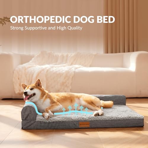 Patas Lague Orthopedic Dog Bed for Medium Dogs, Waterproof L Shaped Medium Pet Sofa Beds with Removable Washable Cover, Soft Comfortable Pet Couch Mat with Nonskid Bottom, 30''X20'' Grey