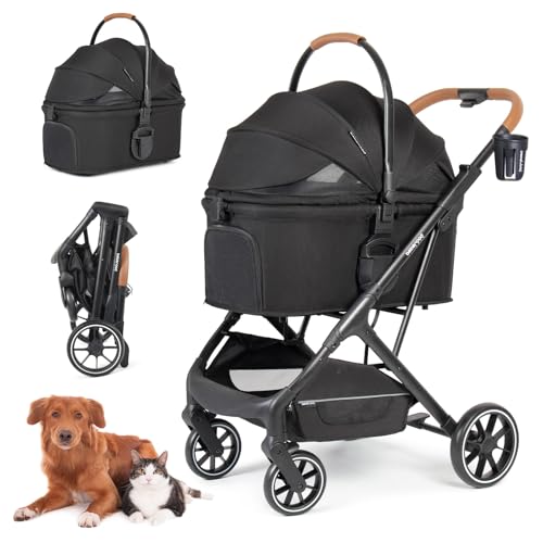 Beberoad Pets T6 Luxury Pet Stroller for Medium Dogs Up to 66lbs or 2 Small Pets – 3-in-1 Dog & Cat Stroller with Removable Carrier, Foldable & Lightweight (Black)