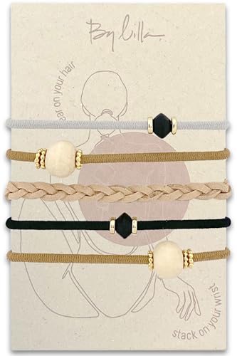 Hair Ties No Damage - Galentines Gifts and Updo Hair Accessories - Decorative Ponytail Elastics - Vanity Stretch Bracelet Jewelry for Women - Boutique Fashion Stacks in Beads (BARE) Set of 5