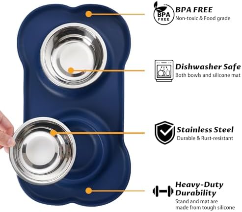 Hubulk Pet Dog Bowls 2 Stainless Steel Dog Bowl with No Spill Non-Skid Silicone Mat + Pet Food Scoop Water and Food Feeder Bowls for Feeding Small Medium Large Dogs Cats Puppies (Small, Navy Blue)