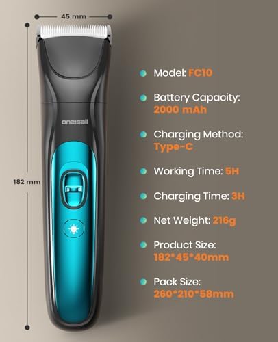 oneisall Silent Dog Clippers for Grooming, LED Light Dog Paw Trimmer Dog Nail Grinder, Rechargeable 2000mAh Dog Grooming Clippers Cordless Dog Hair Trimmer Electric Dog Trimmer for Small Dog Large Dog