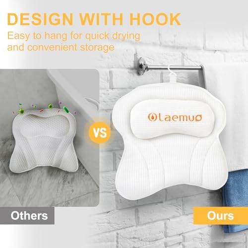 Bath Pillow Luxury Bathtub Pillow, Comfortable Bath Tub Pillows for Tub Head Neck Back Support, Shower Pillows for Tub, Bath Tub Pillow Headrest with Strong Suction Cups, Spa Accessories-White