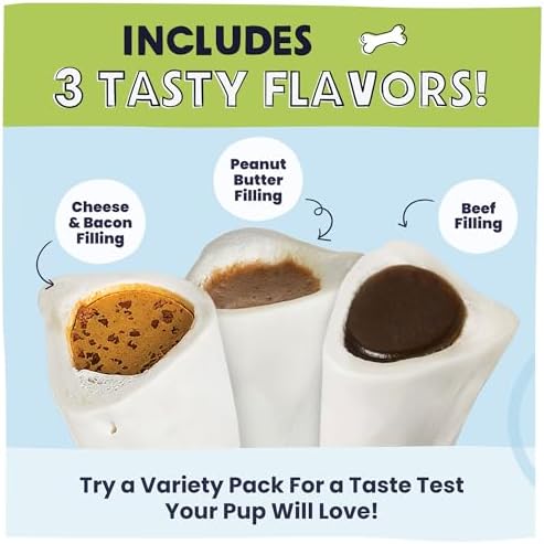 Pawstruck Large 5-6” Filled Dog Bones Variety Pack – Peanut Butter, Cheese & Bacon, Beef Flavors – Made in USA Long Lasting Stuffed Femur Treat for Aggressive Chewers – Pack of 3 – Packaging May Vary