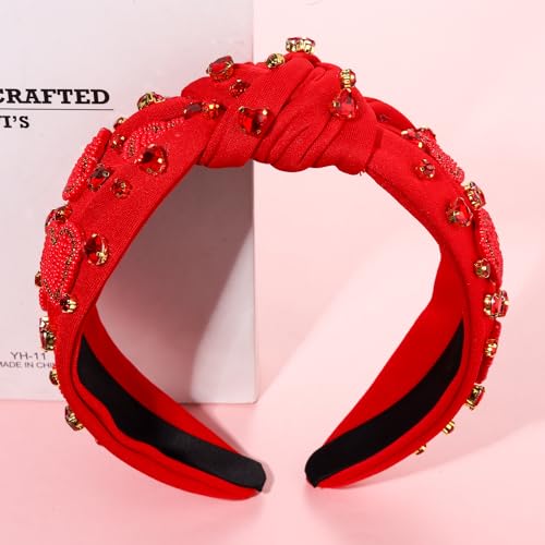 Valentine's Day Headband for Women, Red Pink Rhinestone Heart Headbands, Knotted Headband, Valentine's Day Hair Accessories, Gifts (Red Heart F)