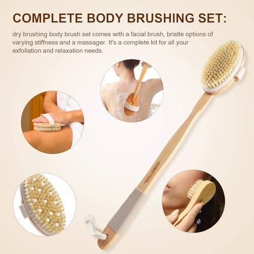 Dry Brushing Body Brush - Natural Boar Bristle Body Brush Set with Face Brush, Wooden Long Handle Scrub Body Brush for Cellulite Treatment, Lymphatic Drainage, Detachable, 3 Brush Heads