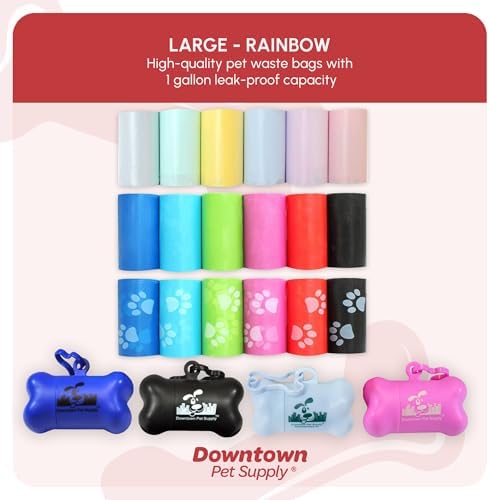 Downtown Pet Supply Poop Bags for Dogs with Dispenser, 500 Count - Leak-Proof Dog Waste Bags and Bone-Shaped Dog Poop Bags Holder for Leash - Rainbow of Colors, 12.5" x 8.5"