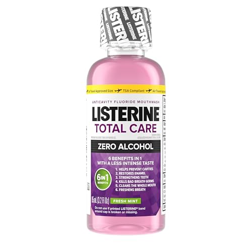 Listerine Total Care Alcohol-Free Anticavity Fluoride Mouthwash, 6 Benefit Oral Rinse to Help Kill 99% of Germs That Cause Bad Breath, Strengthen Enamel, Fresh Mint, Travel Size, 95 mL (Pack of 12)