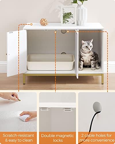 Feandrea Litter Box Enclosure, Modern Cat Litter Box Furniture Hidden, with Scratching Mat, Tall Legs, Cat House, Side End Table, 31.5 x 19.7 x 21.7 Inches, White and Gold UPCL007W01