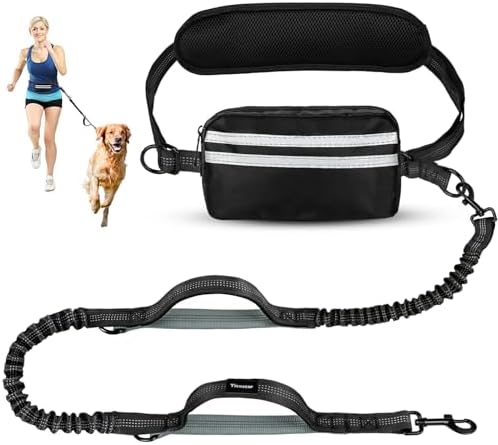 Hands Free Dog Leash with Pouch, Retractable Bungee with Double Padded Handles, Dog Waist Leash for Dog Walking, Dog Leashes with Bungee for Medium & Large Dog, Dog Walking Accessories