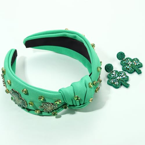 St.Patrick's Day Headband for Women - Glitter Shamrock Jeweled Knotted Headband with Lucky Green Crystals, Parade Hair Accessories Party Gift (Green2)