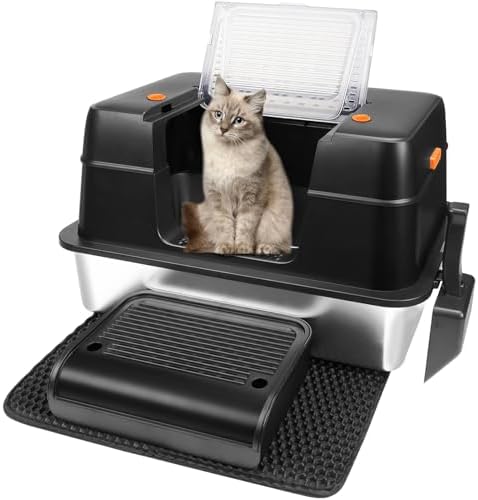 Vivifying Stainless Steel Litter Box, XL Side Entry Extra Large Litter Box with Lid for Big Cats & Kitty, Removable Enclosed Metal Cat Pan with High Sided Enclosure, Scoop, Mat, Footboard (Black)