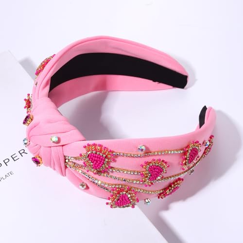 MOLOCH Valentine's Day Headband for Women Rhinestone Beaded Heart Headbands Crystal Knotted Bejeweled Wide Velvet Fashion Hairband Valentines Day Hair Accessories Party Gifts