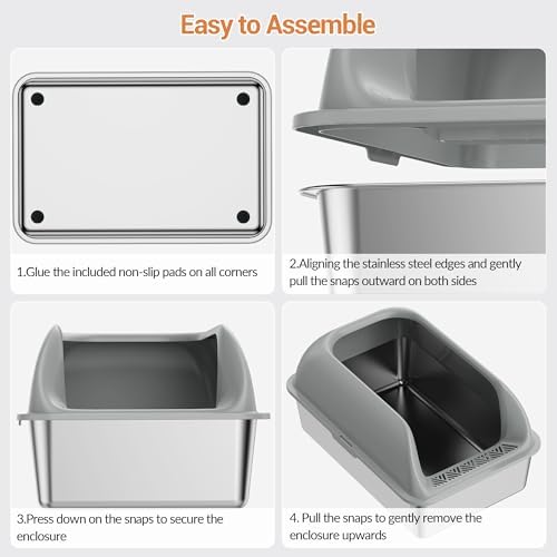 Stainless Steel Litter Box with Lid, XL Extra Large Metal Cat Litter Box for Big Cats, High Sided Design with Scoop & Pedal, Non-Stick, Anti-Leak, Easy to Clean-Light Grey