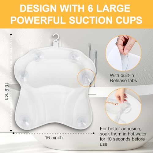 Bath Pillow Luxury Bathtub Pillow, Comfortable Bath Tub Pillows for Tub Head Neck Back Support, Shower Pillows for Tub, Bath Tub Pillow Headrest with Strong Suction Cups, Spa Accessories-White