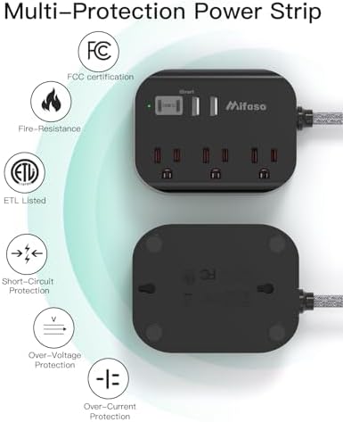 10FT Power Strip with USB Ports - Extension Cord with 3 Outlets and 3 USB Charging Ports, Flat Plug, Wall Mount, No Surge Protection for Cruise Ship Travel, Desk Accessories for Dorm Room Essentials